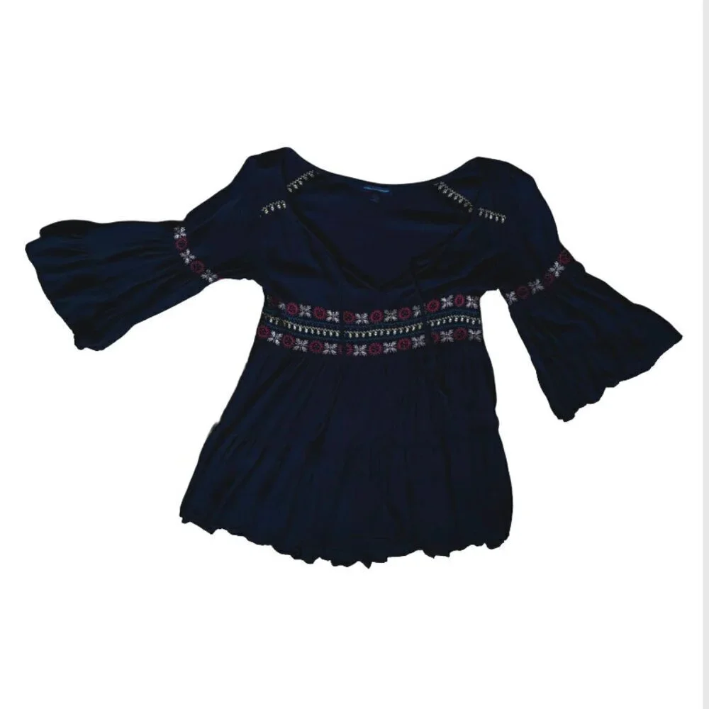AE 3/4 Bell Sleeve Boho Tiered Peasant Mini Dress with Embroidered Florals - Picture 2 of 3